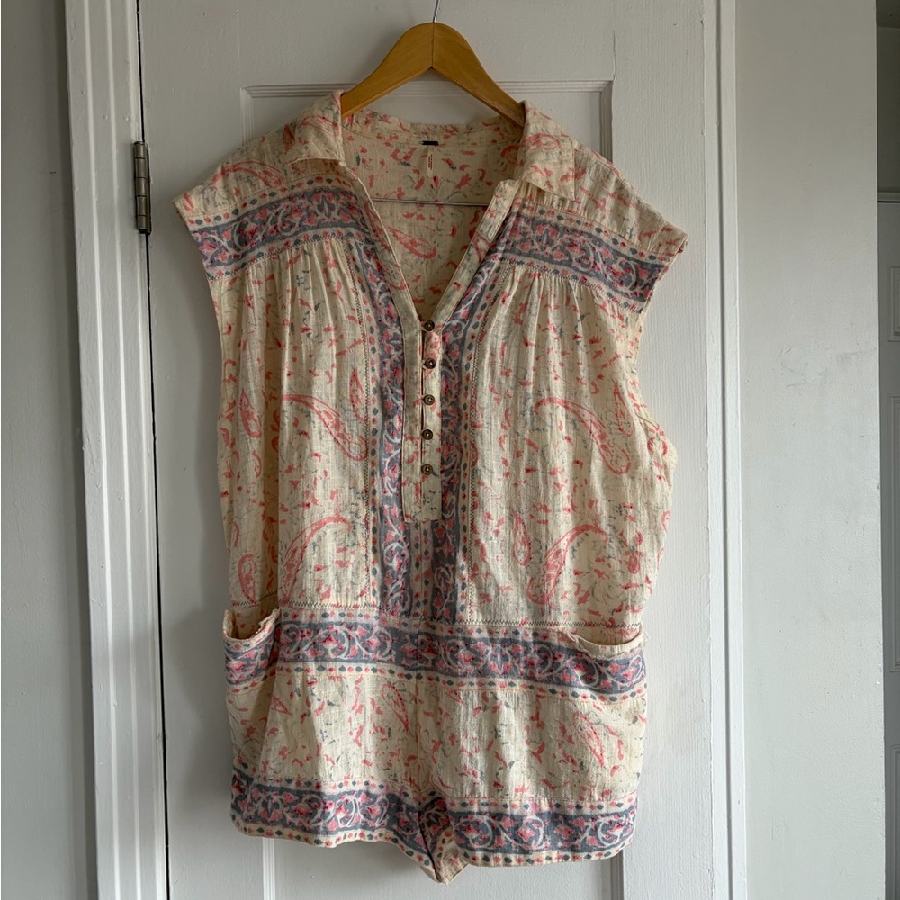 Free People Cream and Pink Button-Down Blouse